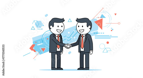 Two smiling businessmen in suits and ties shake hands against a backdrop of abstract business graphics, representing partnership, agreement, and success.