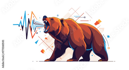 Stylized brown bear roaring fiercely amidst abstract sound wave and geometric patterns, symbolizing market dynamics.