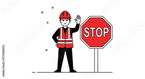 An illustration of a stern construction worker wearing a hard hat and reflective vest, making a stop gesture next to a red stop sign.