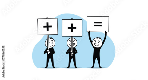 Three happy stick figures hold signs with plus and equals symbols, illustrating a basic mathematical equation.