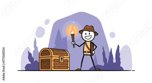 A happy adventurer finds a treasure chest in a dark cave, guided by the light of a torch.