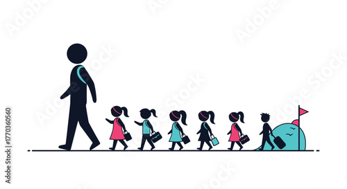 Adult figure leads a line of young students with school bags on a journey or to school, symbolizing education and guidance.