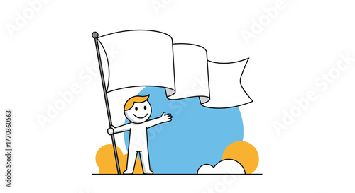 Smiling stick figure character holding a blank white flag, standing against an abstract blue and orange background, ready for a new message or beginning.