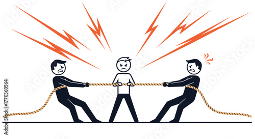 A stressed individual is caught in the middle of a symbolic tug-of-war, representing conflict, pressure, and being pulled in opposing directions.