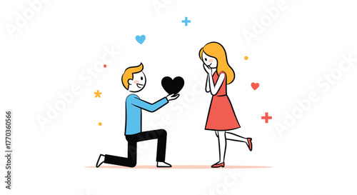 Romantic cartoon illustration of a man proposing with a black heart to a delighted woman.