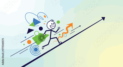 Happy stick figure running uphill on a diagonal line with abstract shapes, symbolizing progress, growth, and achievement.