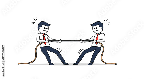 Two businessmen fiercely compete in a tug-of-war, symbolizing conflict, rivalry, and the challenging dynamics of power and negotiation in business.