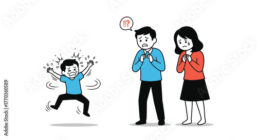 A distressed child throws a tantrum, crying and flailing, as their worried and saddened parents look on with concern.
