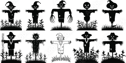 Scarecrow character bundle with unique outfits and expressions, autumn harvest field silhouettes, Halloween rural vector set for seasonal illustration