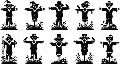 Scarecrow silhouette bundle with hats, pumpkins, birds, spooky expressions, Halloween field characters for autumn harvest vector illustration set