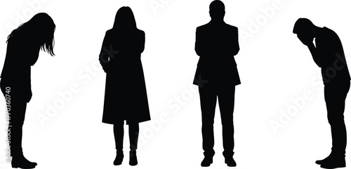 Silhouette of people bowing down, respect gesture, apology or greeting concept, business etiquette, cultural tradition, vector illustration design