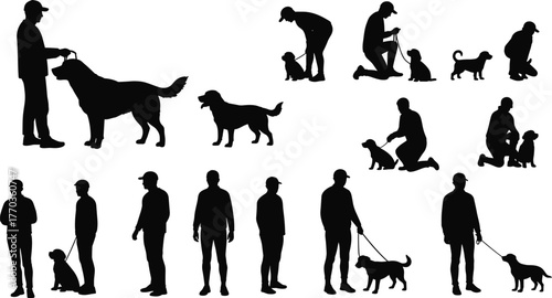 Silhouette of people training dogs, pet obedience, walking, sitting, and playing activities, animal companionship, outdoor lifestyle, friendship, love illustration