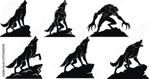 Werewolf and wolf silhouette set on rocky cliff, dramatic transformation poses, fantasy horror vector bundle for Halloween and mythology themes