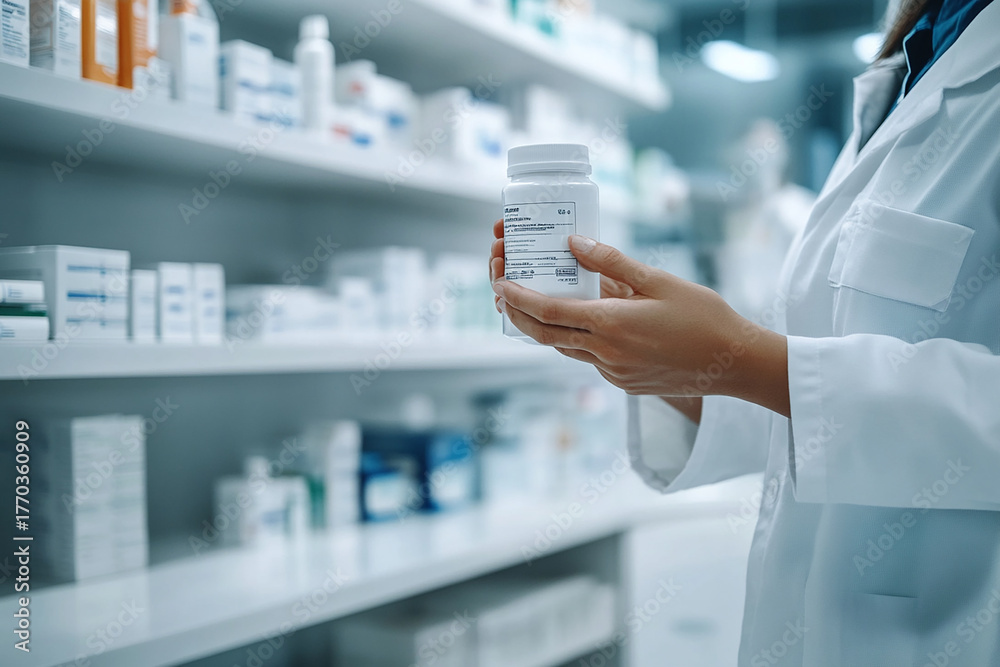 Fototapeta premium Close-up of a pharmacist holding a prescription bottle in a clean, well-lit pharmacy.