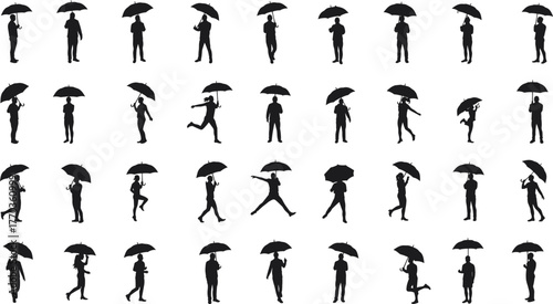 Silhouette of people with umbrellas, walking and standing poses, rainy weather concept, outdoor lifestyle, rain protection illustration, vector design art