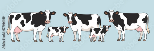 Cute Dairy Cows and Calves Vector Collection – Holstein breed livestock illustrations featuring grazing, walking, and standing cattle profiles, ideal for farm-themed graphics and agricultural projects