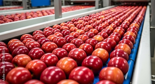 Industrial Automated Sorting and Packaging Line of Fresh Red Apples in a Fruit Processing Plant
