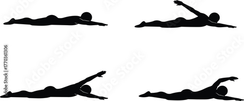 Silhouette of swimmer in motion, freestyle swimming poses, water sport activity, fitness training concept, aquatic exercise illustration, athlete vector design
