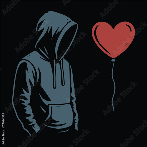 Lonely Hooded Figure Ignoring Heart Balloon in Dark Minimal Street Style Artwork