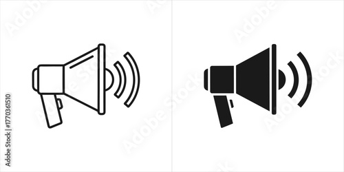 Set of two megaphone icons, one outlined and one solid black