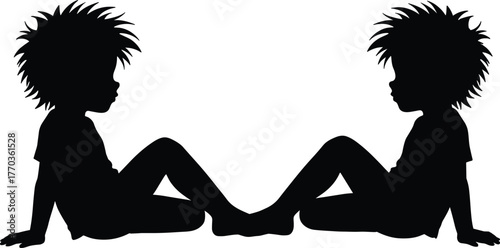 Silhouette of two children sitting face to face, friendship concept, childhood connection, teamwork, playtime, innocence, communication, bonding illustration