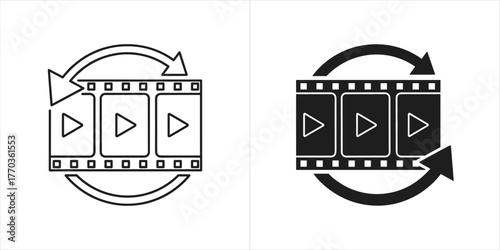 Film strip with play buttons and circular arrow, symbolizing video playback or movie loop