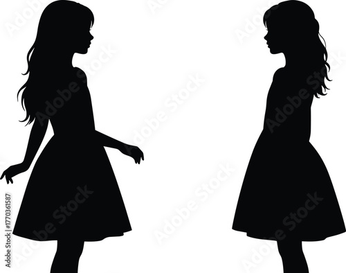 Silhouette of two girls in dresses, child friendship, childhood concept, cute little girls, fashion illustration, innocent friendship, vector art