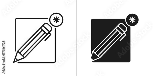 Two pencil icons, one outlined and one filled, with a star symbol