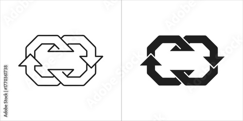 Two recycling symbol icons, one outlined and one solid black