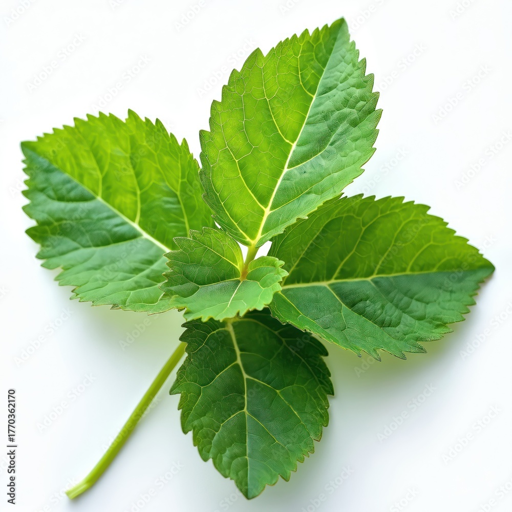 Fototapeta premium Green perilla leaves with detailed veins on a white background. Fresh aromatic herb plant for cooking and garnish, natural organic ingredient close up.