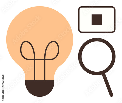 Light bulb for creativity, magnifying glass for research, stop button for action. Ideal for innovation, problem-solving, strategy, exploration, analysis design thinking minimalism. Simple flat