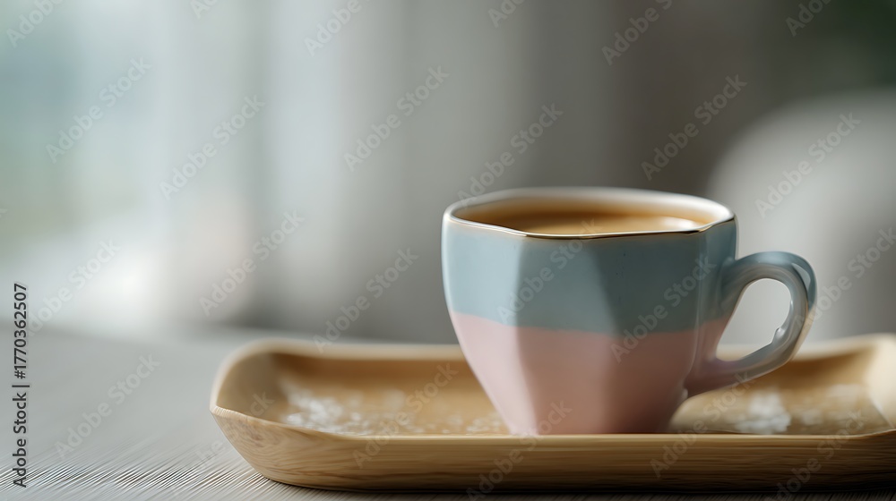 Obraz premium A stylish photograph of a coffee cup with soft pastel colors, placed on a light wood tray with a blurred made with Ai 1