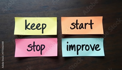 Colorful sticky notes with words keep start stop improve on wooden desk. Business concept for gathering feedback in retrospective meeting. Agile scrum method for teamwork development, continuous