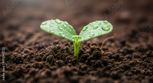 Small green sprout growing in dark soil with water drops. New life and growth concept symbolizing fresh start and spring.