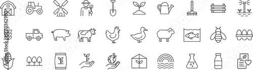 Farming and agriculture glyph icon set. Vector pictograms of tractor, barn, livestock, crop cultivation, organic produce, greenhouse, irrigation, and sustainable farm black silhouette illustration