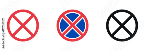 Crossed circle sign. Red X mark inside circle. Prohibition, error, or warning symbol for user interface, traffic, or safety design.