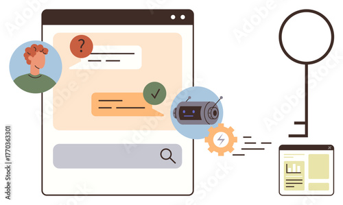 Chat screen with user and robot messages, security key transferring data. Ideal for AI, chatbot, cybersecurity, data transfer, communication, privacy protection seamless automation. Simple flat