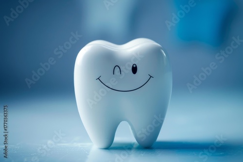 White healthy tooth winking and smiling representing good dental health and hygiene
