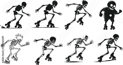 Roller Skating Skeletons and Cartoon Character in Motion – Black and White Vector for Halloween, Humor, Anatomy, Sports, and Fantasy