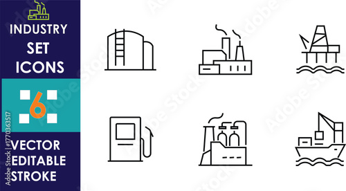 A collection of six industrial vector icons including factory, refinery, oil rig, fuel pump, and cargo ship, designed with clean editable stroke lines