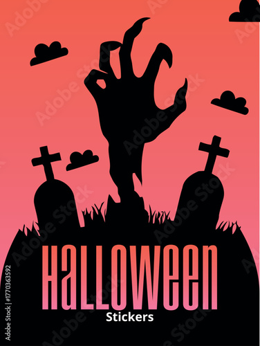 Vector art of halloween zombie hand rising from grave with tombstones and clouds