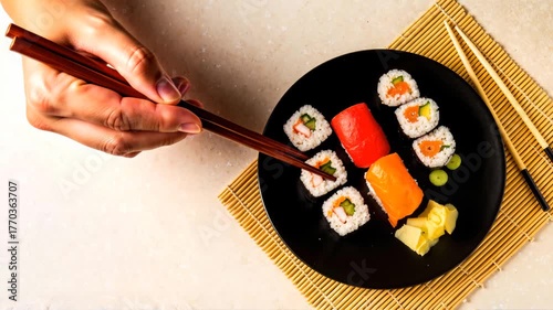 Hand holding chopsticks picking sushi from black plate  