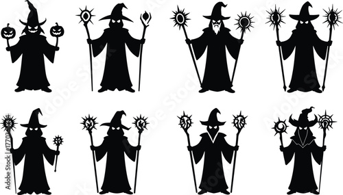 Wizard Silhouettes with Dual Staffs, Beards, and Magical Symbols – Black Vector Icons for Fantasy, Halloween, Sorcery, Mystic Art Themes