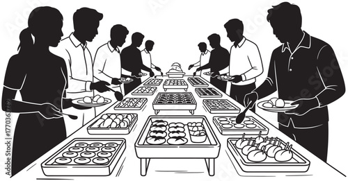 People serving themselves food from a buffet table in a black and white illustration