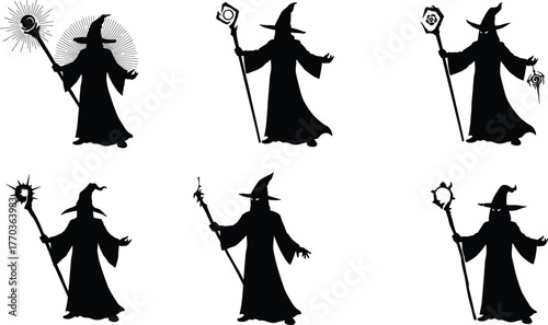 Wizard Silhouettes with Magical Staffs and Gestures – Black Vector Icons for Fantasy, Sorcery, Halloween, Mystic Art, and Spellcasting Themes