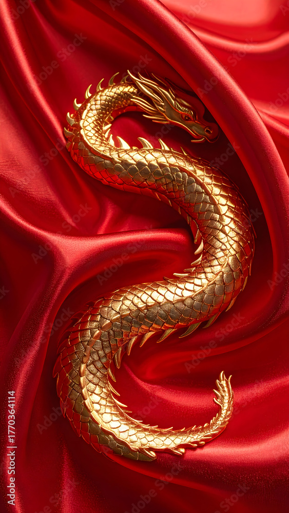 Obraz premium red silk background with golden dragon
