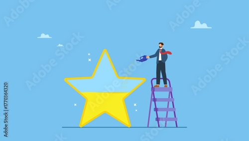Ambitious businessman fill in golden star price metaphor of success. Ambition or motivation to success or being excellence, aspiration and effort to improve, growing and best performance.