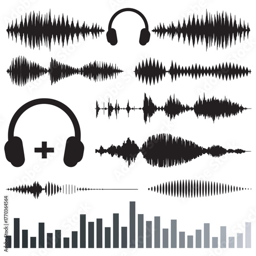 Audio Waveform Set Sound Waves, Headphones, and Frequency Visualizations