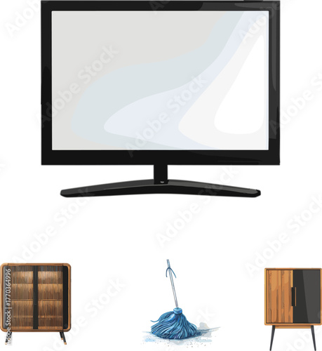 lcd tv screen in color style, set of household appliances in color style 