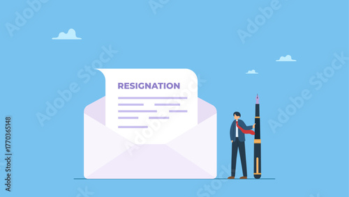 Businessman with pen writing resignation email. Professional write resignation letter to quit job or inform to leave company, change new job or notify boss, manager of dismissal.
